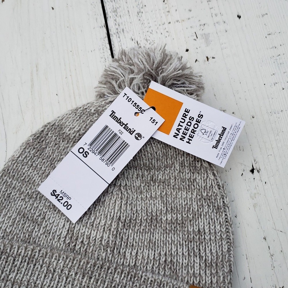 Timberland Womens Grey & White PomPom Beanie - One Size - NEW - Picture 5 of 5